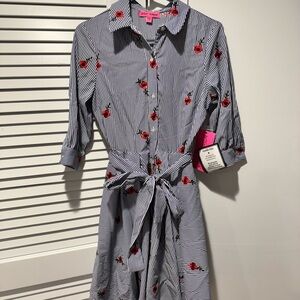 Betsey Johnson Black and White Striped Dress with Red Floral Accents